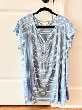 Style & Co. Light Blue & White Striped Short Sleeve Tunic